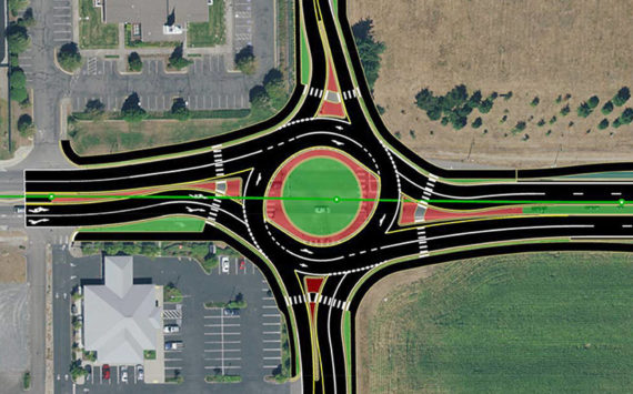 Conceptual design for the new roundabout that will be built at 43rd Ave. NE and Highway 531. Amazon is building this new roundabout in preparation for opening a new fulfillment center this summer. (City of Arlington)