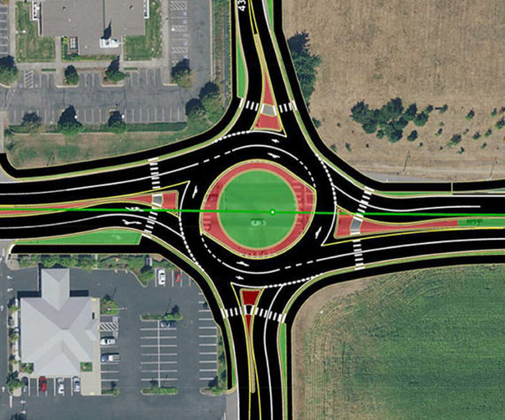 Conceptual design for the new roundabout that will be built at 43rd Ave. NE and Highway 531. Amazon is building this new roundabout in preparation for opening a new fulfillment center this summer. (City of Arlington)